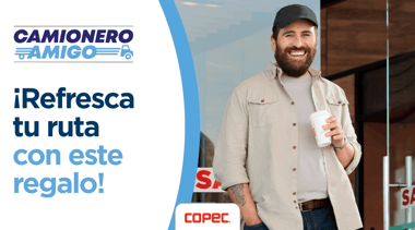 Promo camionero amigo, hombre con una bebida en la mano